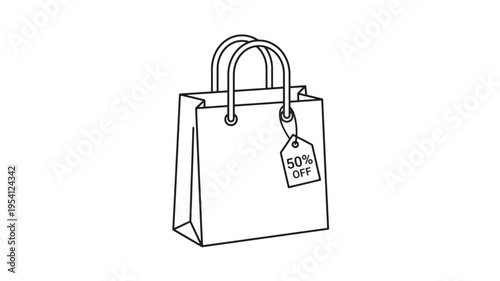 Shopping bag illustration with a "50% OFF" tag signifies a significant retail sale or clearance event.