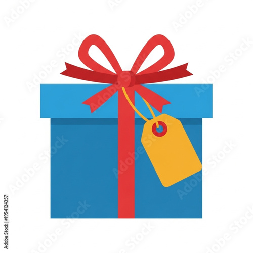 Blue Gift Box with Red Ribbon and Tag.