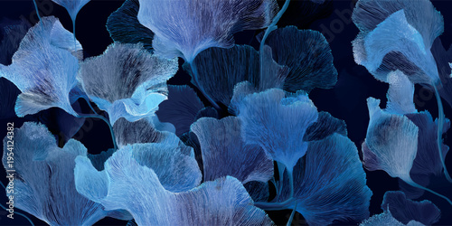 Abstract dark blue floral seamless pattern with elegant line art for luxury textiles and branding packaging.