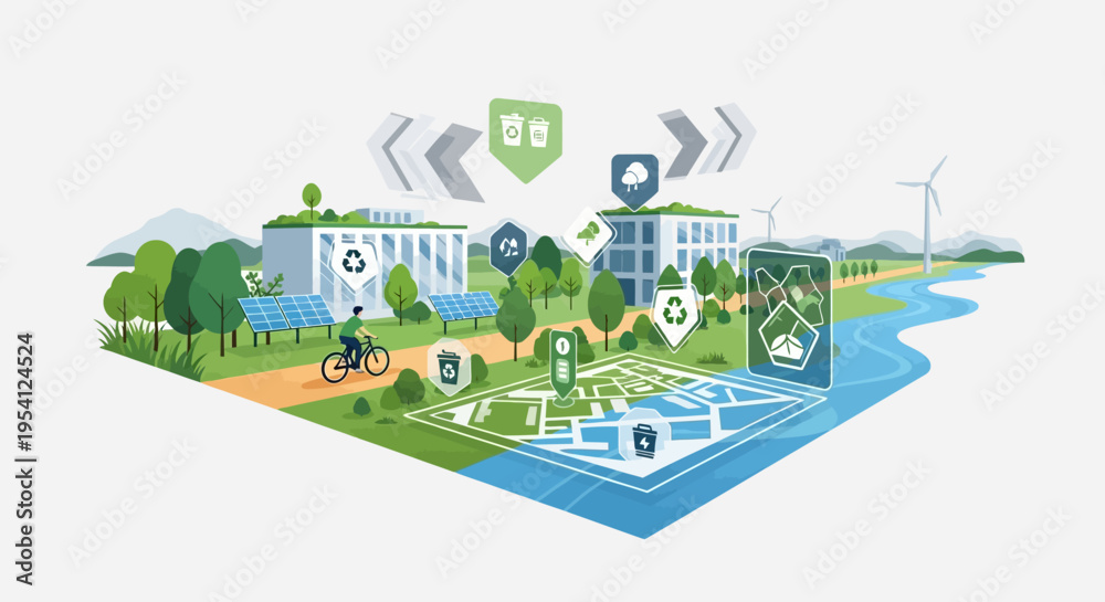 Naklejka premium Sustainable Smart City with Green Energy Solutions and Eco-Friendly Urban Planning Illustration