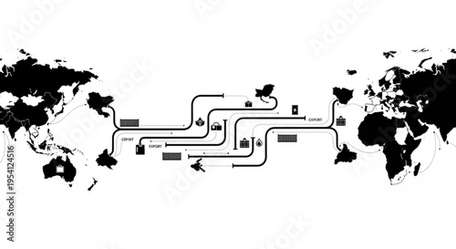 A vector graphic illustration of a global supply chain network with a black and white world map and various icons representing logistics and transportation