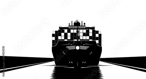 A black and white vector graphic illustration of a cargo ship with a checkered pattern on its upper deck, set against a plain white background with a reflective surface