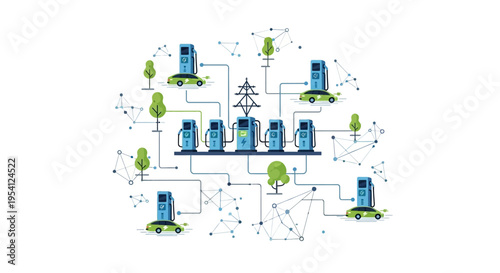 Electric Vehicle (EV) Charging Network Infrastructure with Smart Grid Integration and Sustainable Energy Concept. Modern Mobility Solutions.