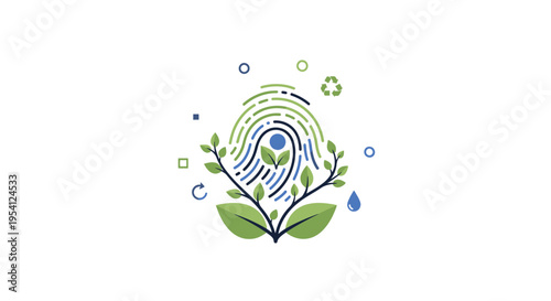 Sustainable Identity: Green Fingerprint with Growing Plant and Eco-Friendly Symbols