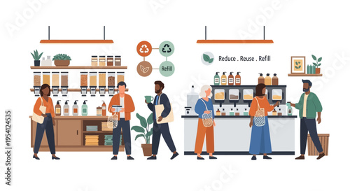 Sustainable Zero Waste Refill Store Shopping with Diverse People. Eco-Friendly Lifestyle & Reduce Reuse Refill Concept.