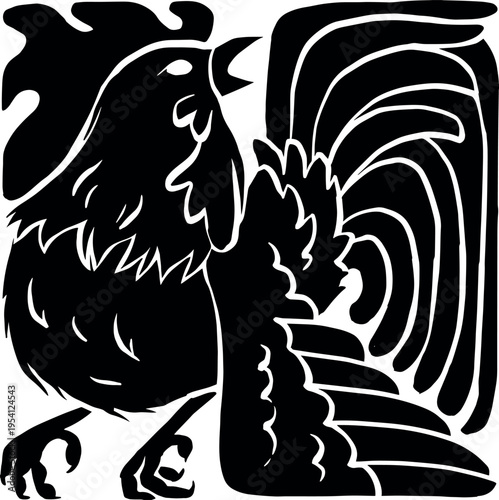 Chinese animal zodiac in brutal black linocut style. Modern vector art. Zodiac sign Rooster. Year of the Rooster. Square shape