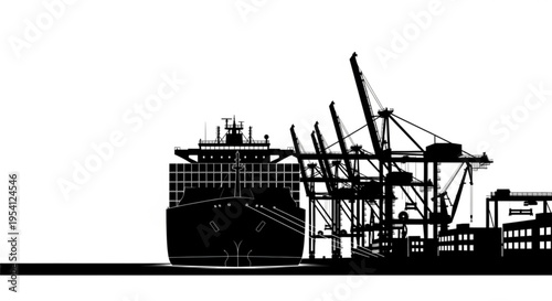 A black silhouette illustration of a cargo ship docked at a port with cranes and industrial buildings