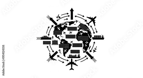 A black and white vector graphic illustration of a globe surrounded by airplanes and shipping containers to represent global logistics and transportation