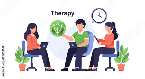 Online Therapy & Counseling Session with Wellness Coach. Digital Mental Health Support, Nature-Inspired Healing & Time Management Flat Illustration.