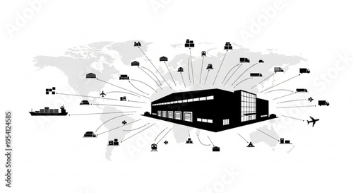 A vector graphic illustration of a warehouse with various transportation icons connected to it on a world map background