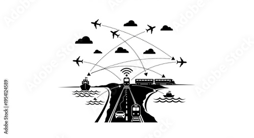 A black and white vector graphic illustrating various modes of transportation connected by dotted lines and signals on a white background