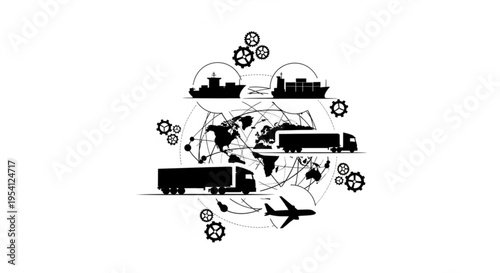 A black and white vector graphic illustration of global logistics and transportation with various modes of transport