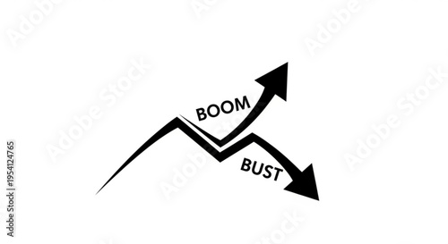 A vector graphic illustration of a line chart with boom and bust labels showing an upward and downward trend