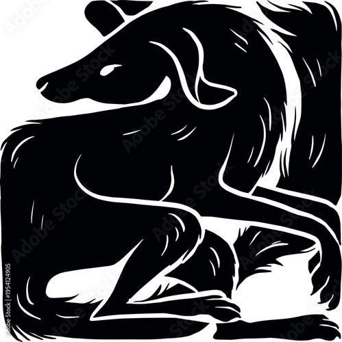 Chinese animal zodiac in brutal black linocut style. Modern vector art. Zodiac sign Dog. Year of the Dog. Square shape