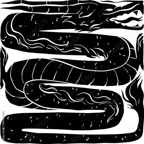 Chinese animal zodiac in brutal black linocut style. Modern vector art. Zodiac sign Dragon. Year of the Dragon. Square shape