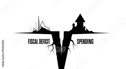 A vector graphic illustration depicting a fiscal deficit and spending gap with a cracked earth and contrasting city and mountain silhouettes