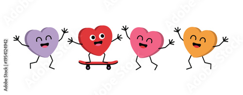 Four cartoon hearts with faces and limbs dancing and skateboarding