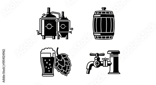 Monochrome vector icons for beer brewing, including tanks, barrels, a glass with hops, and a dispensing tap, ideal for beverage and craft brewery branding
