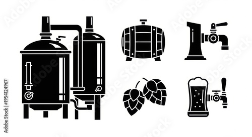 Comprehensive collection of black silhouette icons illustrating beer brewing equipment, essential ingredients, and serving elements, perfect for craft beverage industry designs and related concepts