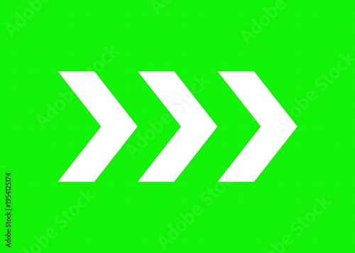 Three white chevron arrows pointing right on bright green . Clean geometric design with bold directional symbolism. For navigation  progress concepts  and motion graphics.
