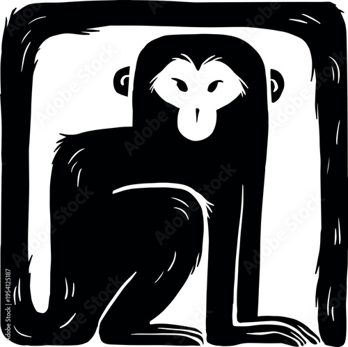 Chinese animal zodiac in brutal black linocut style. Modern vector art. Zodiac sign Monkey. Year of the Monkey. Square shape
