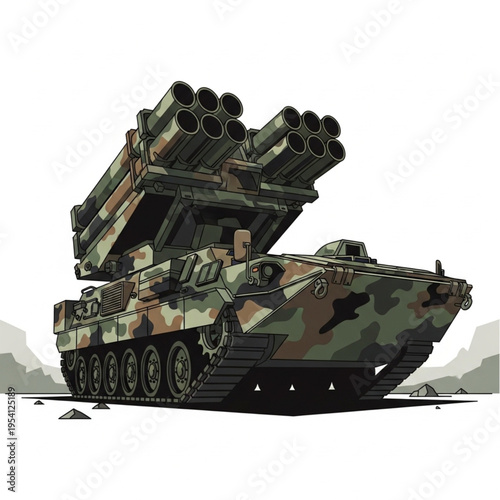Military Tank with Camouflage Missile Launcher.