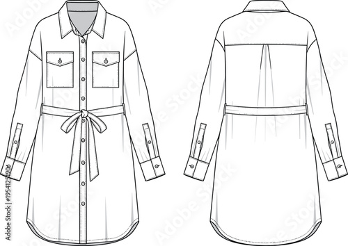 Women Button Down Shirt Dress Technical Flat Sketch, Long Sleeve Utility Style, Belted Waist, Fashion Design CAD Vector Illustration Template