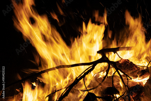 Intense campfire flames consuming wood branches with dramatic orange and yellow glow against black . Close-up captures dynamic fire movement and glowing embers. For outdoor and energy concepts.