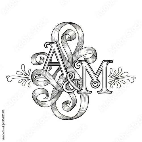 Ornate Monogram Initials AM Vintage Typography.