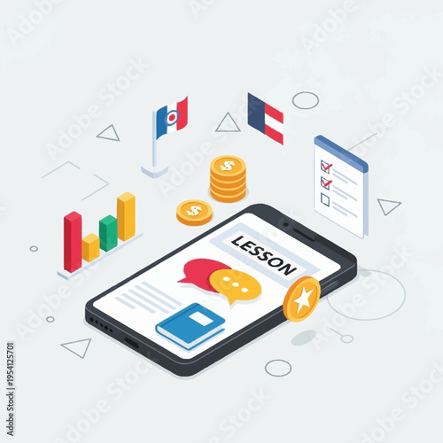 Isometric illustration of a smartphone with a language learning app, featuring flags, coins, and graphs.