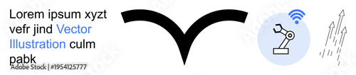 Automation, technology integration, wireless communication, industrial innovation, data analysis, progress . A robotic arm icon with waves, abstract arrows and a black curve element. Automation