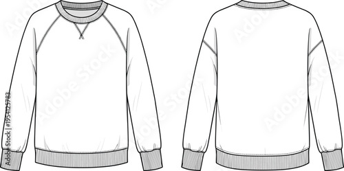 Unisex Raglan Sweatshirt Technical Flat Sketch, Long Sleeve Crew Neck Pullover, Fashion Design CAD Vector Illustration Template, Casual Streetwear Apparel