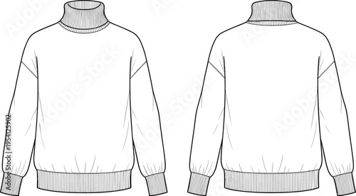Women Turtleneck Sweater Technical Flat Sketch, Long Sleeve Ribbed Knit Pullover, Fashion Design CAD Vector Illustration Template, Casual Autumn Apparel