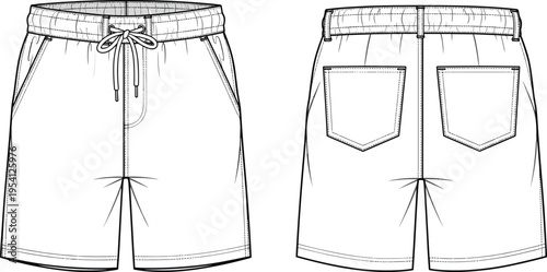 Men Casual Elastic Waist Shorts Technical Flat Sketch, Drawstring Beach Swim Trunks, Fashion Design CAD Vector Illustration Template, Activewear Bottoms