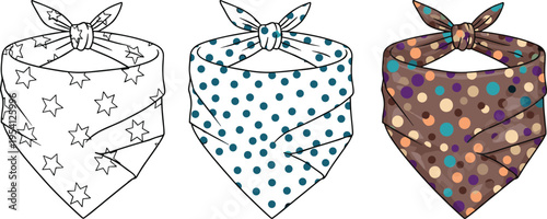 Bandana Neckerchief Technical Flat Sketch Set, Stylish Star and Polka Dot Print Headscarf, Fashion Design CAD Vector Illustration Template Accessory