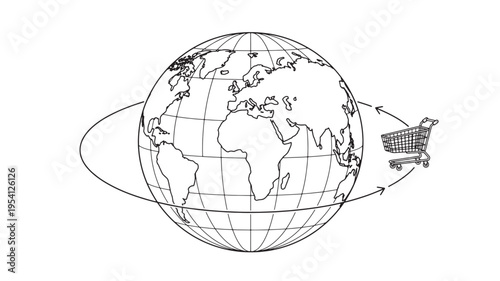 A simple line illustration depicts a globe of the Earth with a shopping cart icon orbiting around it, symbolizing global e-commerce and worldwide delivery services.