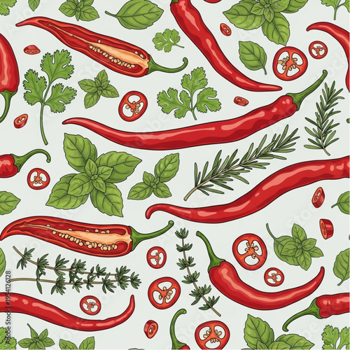 Red Chili Peppers with Herbs and Tomatoes.