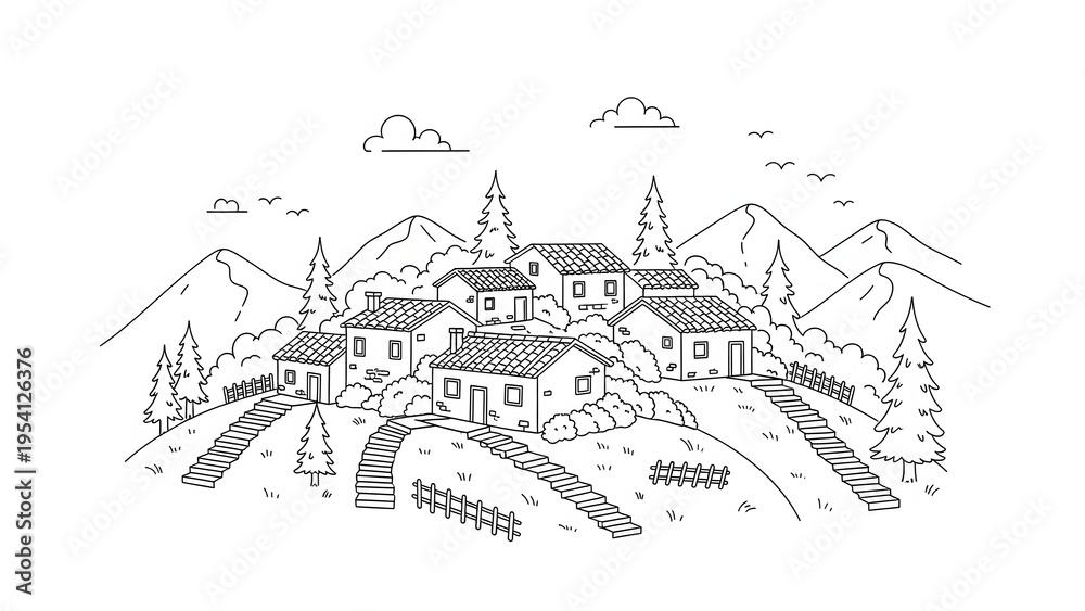 Fototapeta premium Hilltop Mediterranean Village Landscape Line Art with Mountain Background