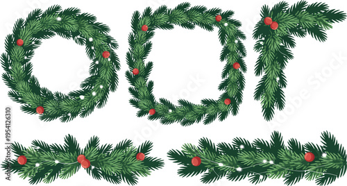  This set showcases beautifully illustrated pine wreaths and garlands adorned with bright red berries and snowy accents. 