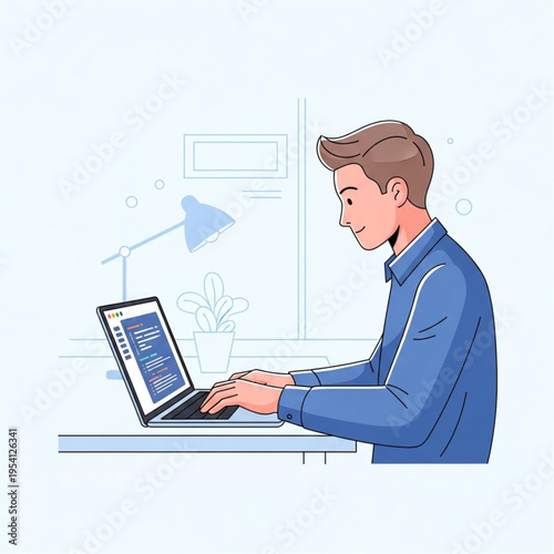 Man Working on Laptop Computer Office.