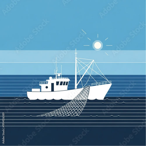 Fishing Boat Towing Nets in Ocean.