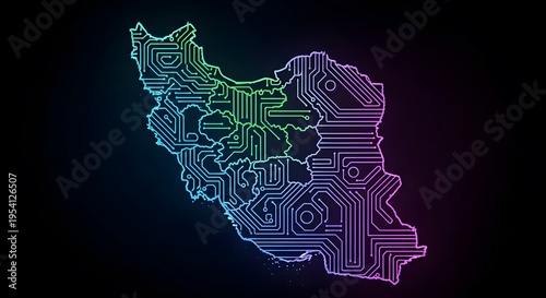 Neon Iran map with glowing circuit lines on dark abstract background