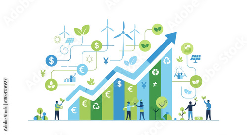 Sustainable Finance Growth: Green Economy, Renewable Energy Investment, and ESG Strategy Chart with Currency and Environmental Icons