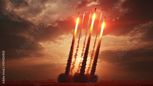 Launch of missiles in Iran during sunset creates a dramatic display of light and smoke over the skyline