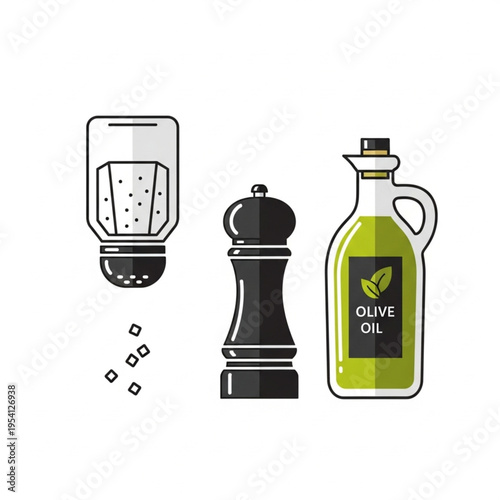 Salt Grinder and Olive Oil Bottle Illustration.