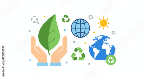 Global Environmental Protection and Sustainability Concept with Eco-Friendly Icons: Hands, Leaf, Recycling, Earth, Sun
