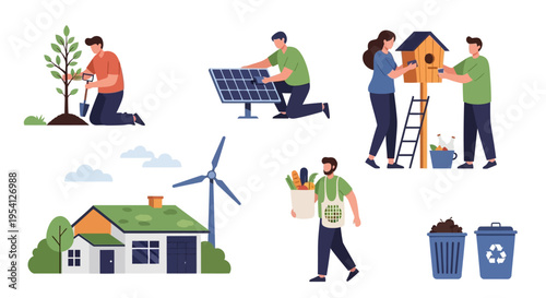 Sustainable Living & Eco-Friendly Practices Vector Set: Green Lifestyle, Renewable Energy, Nature Conservation, Recycling & Healthy Environment