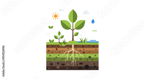 Plant Growth Ecosystem Flat Design: Tree with Roots in Layered Soil, Sun & Water for Sustainable Nature Development.
