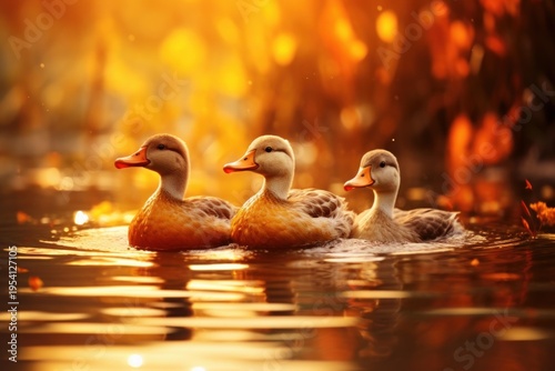 Three ducklings gracefully swimming together on water bathed in golden light