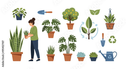 Gardening & Houseplant Care Vector Set: Woman, Potted Plants, Tools, and Eco Symbols for Green Living